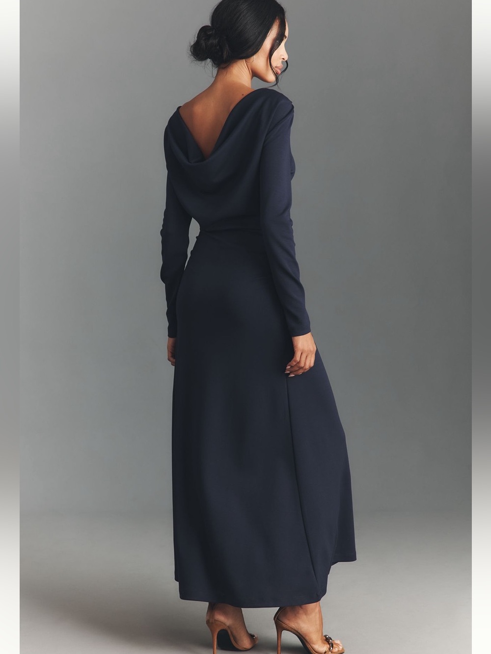 Anthropologie Navy Long-Sleeve Maxi Dress with Draped V-Back